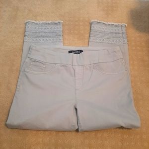 Joseph Ribkoff light grey slip on ankle pant with fringe and bedazzled ankle